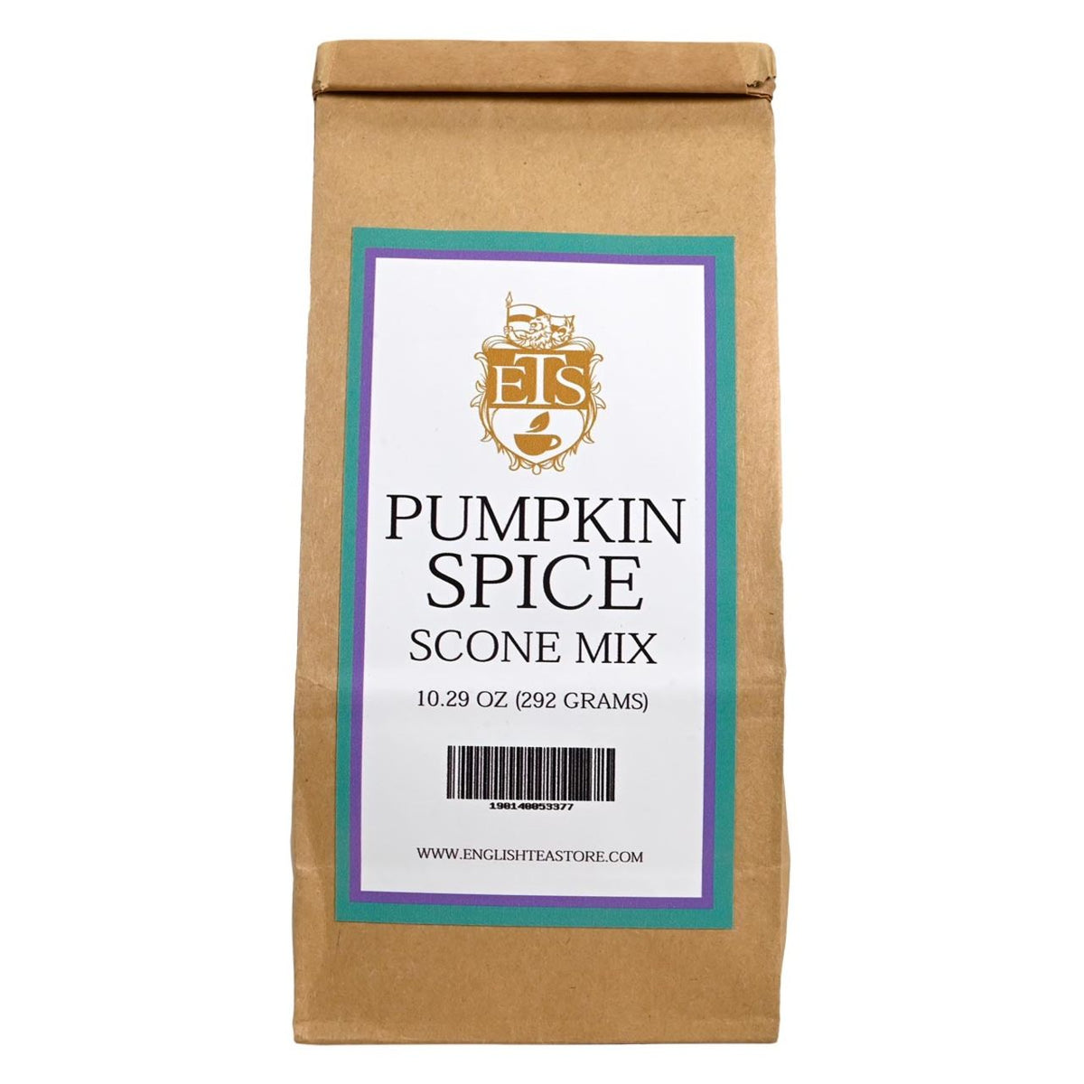 Brown paper bag of pumpkin spice scone mix with an ETS label on a white background