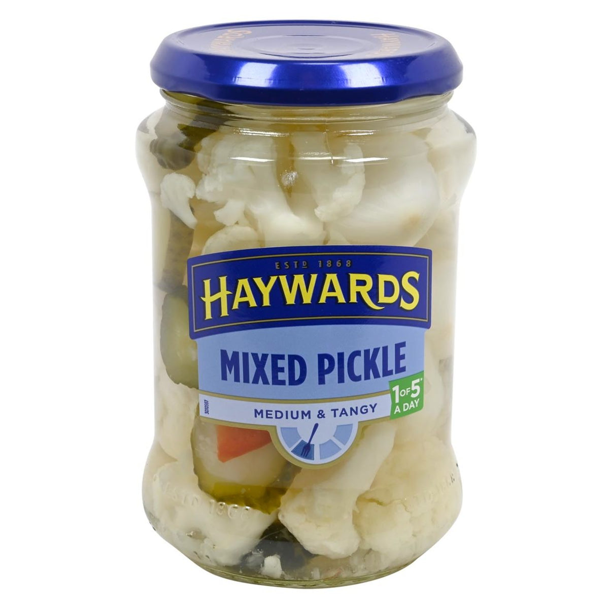 Jar of Haywards Mixed Pickle with a blue lid on a white background