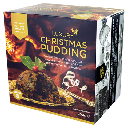 Box of Luxury Christmas Pudding with festive design and pudding illustration.