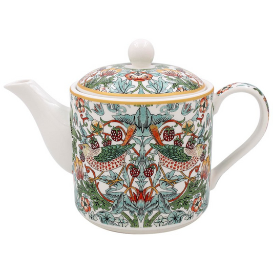 William Morris decorative teapot with a colorful bird, floral pattern, and strawberry design with teapot on a white background