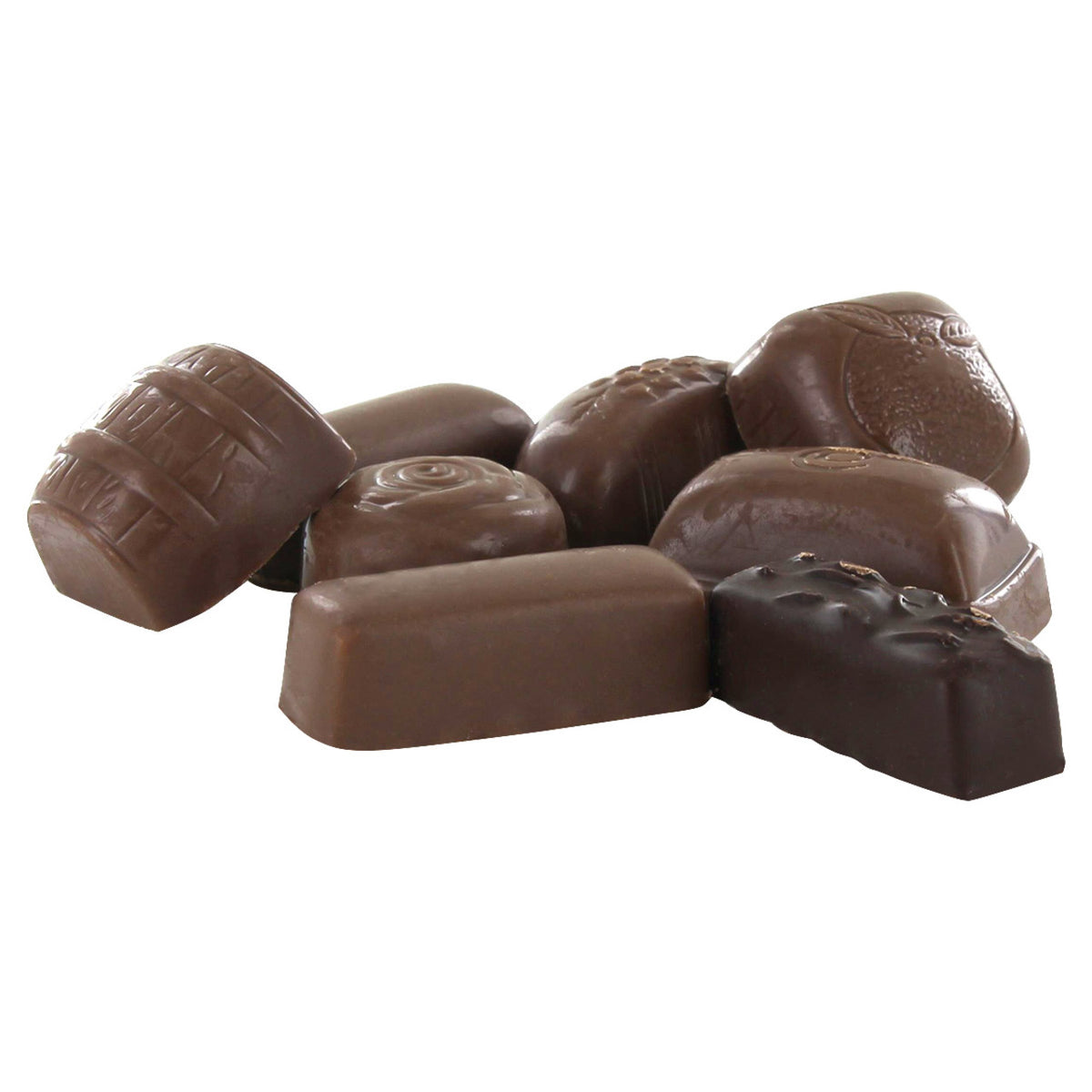 Unwrapped Cadbury chocolate pieces on a white background.