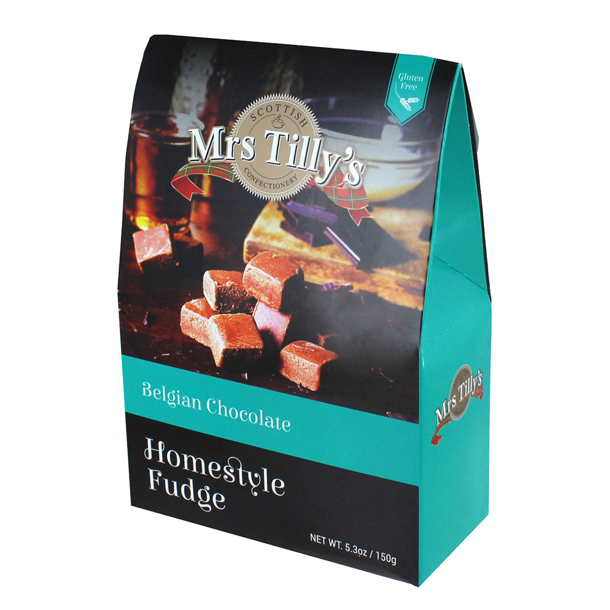 Package of Mrs Tilly's Belgian Chocolate Homestyle Fudge on a white background