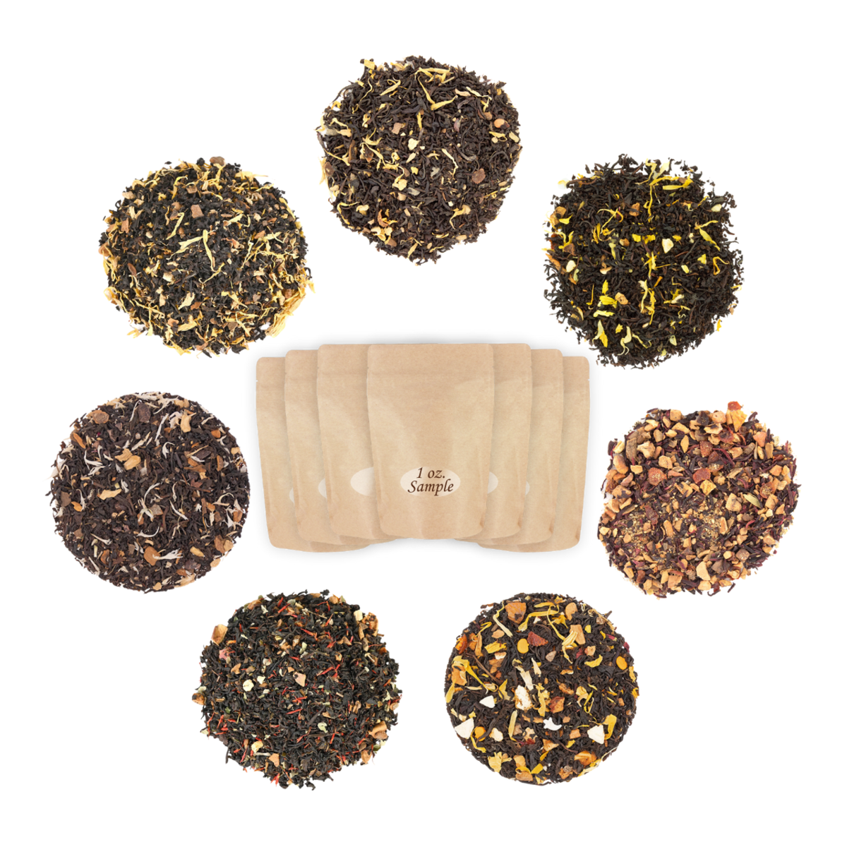Assorted loose leaf teas in round containers with a sample bag on a white background
