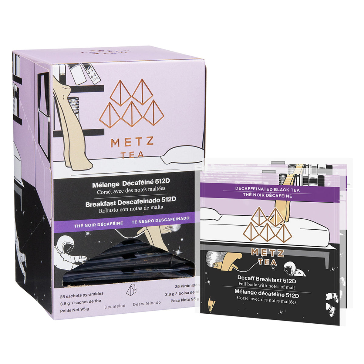 Metz Tea packaging with purple and black design on a white background