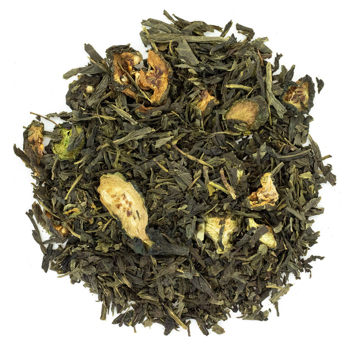 Loose leaf green tea mixed with pieces of dried cucumber and watermelon.