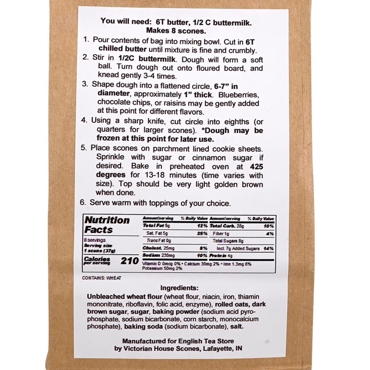 Back of a scone mix packaging with recipe and nutrition information.