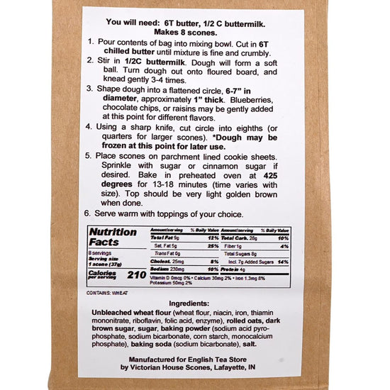 Back of a scone mix packaging with recipe and nutrition information.