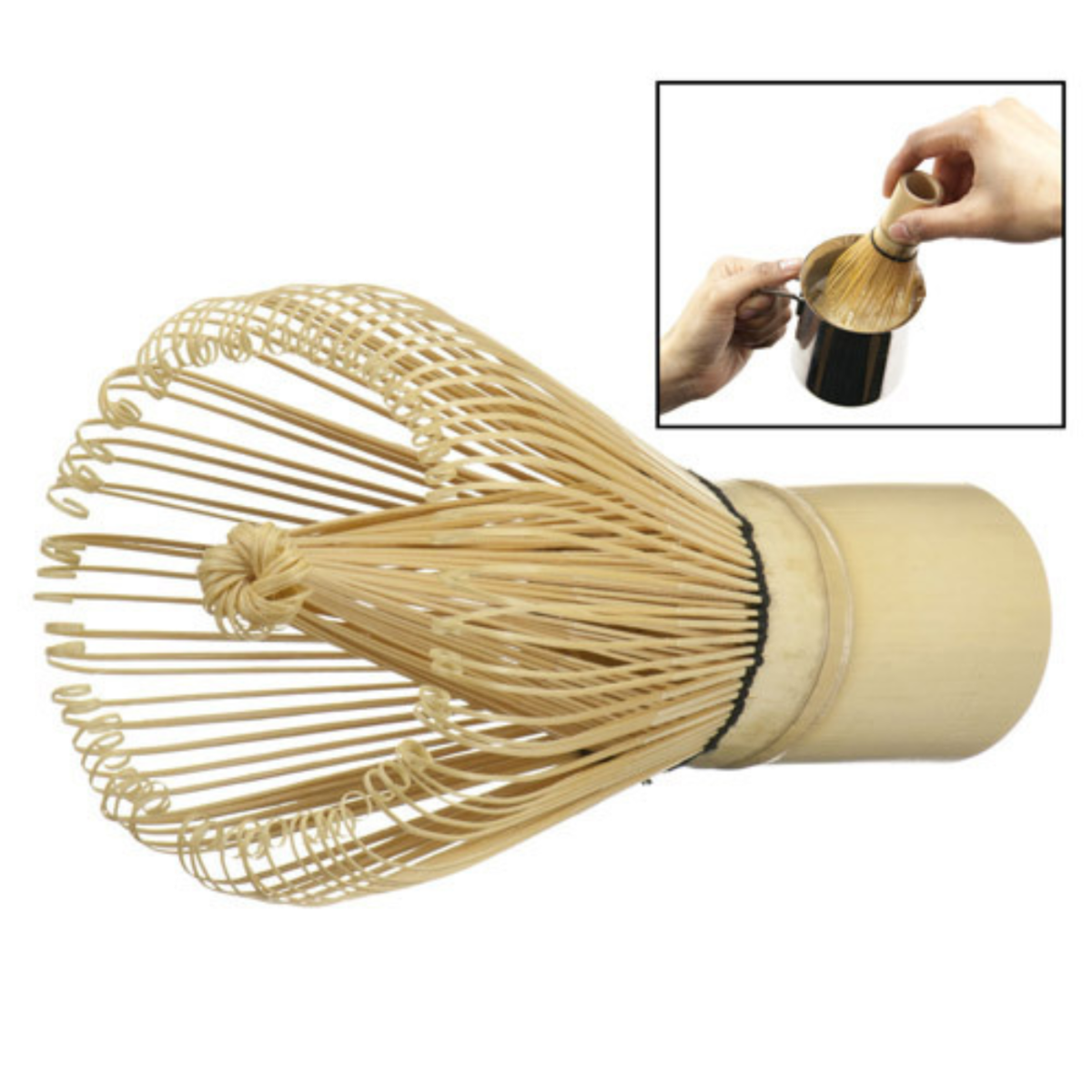 Bamboo whisk for making matcha with a close-up inset of using it.