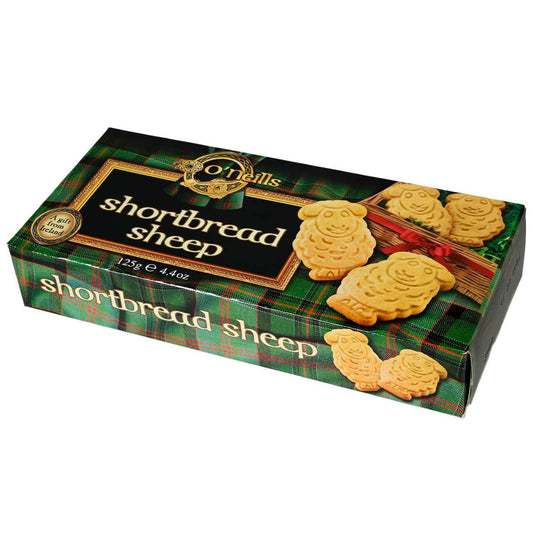 Box of shortbread sheep cookies with a plaid design on a white background
