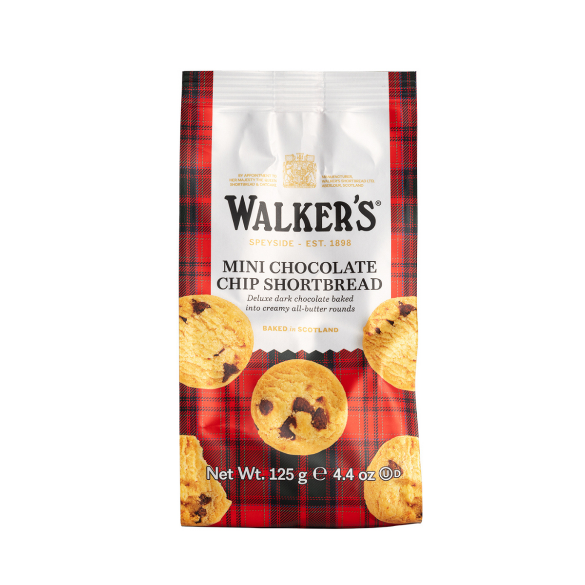 Packaging of Walker's Mini Chocolate Chip Shortbread with a red plaid border on a white background