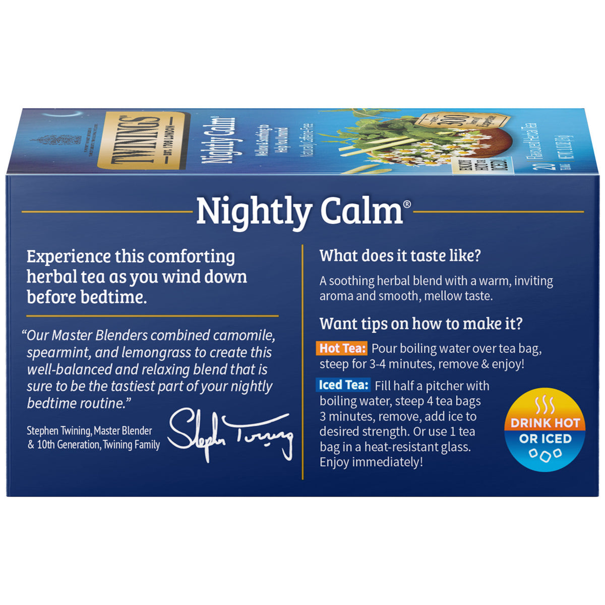 Box of Nightly Calm herbal tea with instructions and branding details.