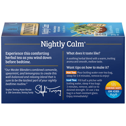 Box of Nightly Calm herbal tea with instructions and branding details.