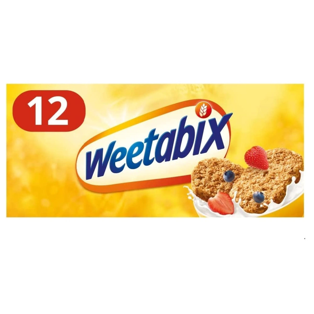 Weetabix cereal box with 12 packs on a yellow background