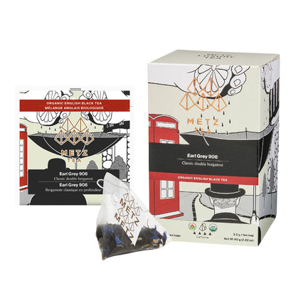 Metz tea packaging with tea bags and box on a white background