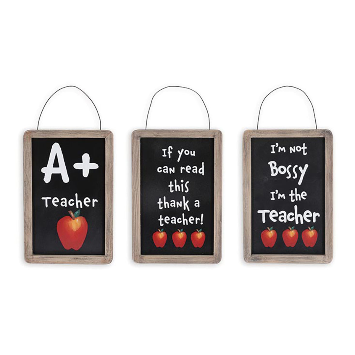 Three small chalkboard signs with humorous teacher-themed messages and red apples on a white background.