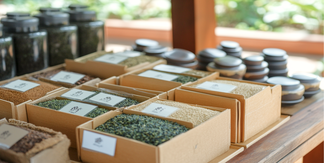 Wood containers of dry tea leaves