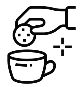 Lined icon of a hand holding a cookie dipping it in a cup