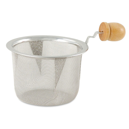 Metal mesh strainer with wooden handle on a white background