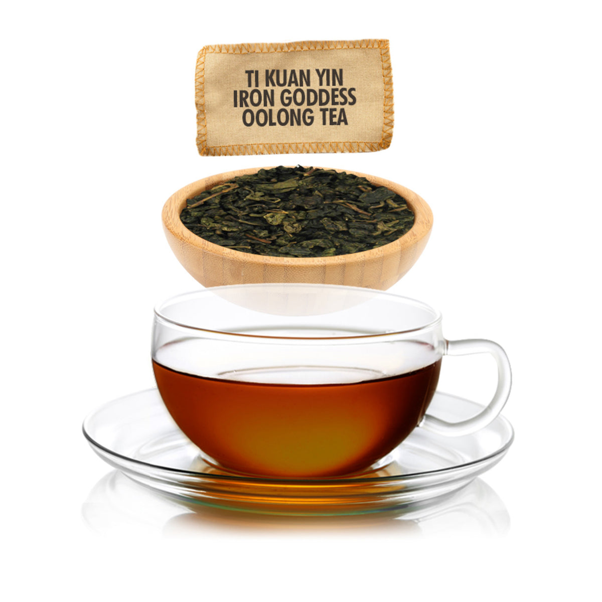 Glass cup of tea with a bowl of tea leaves and packaging label on a white background.