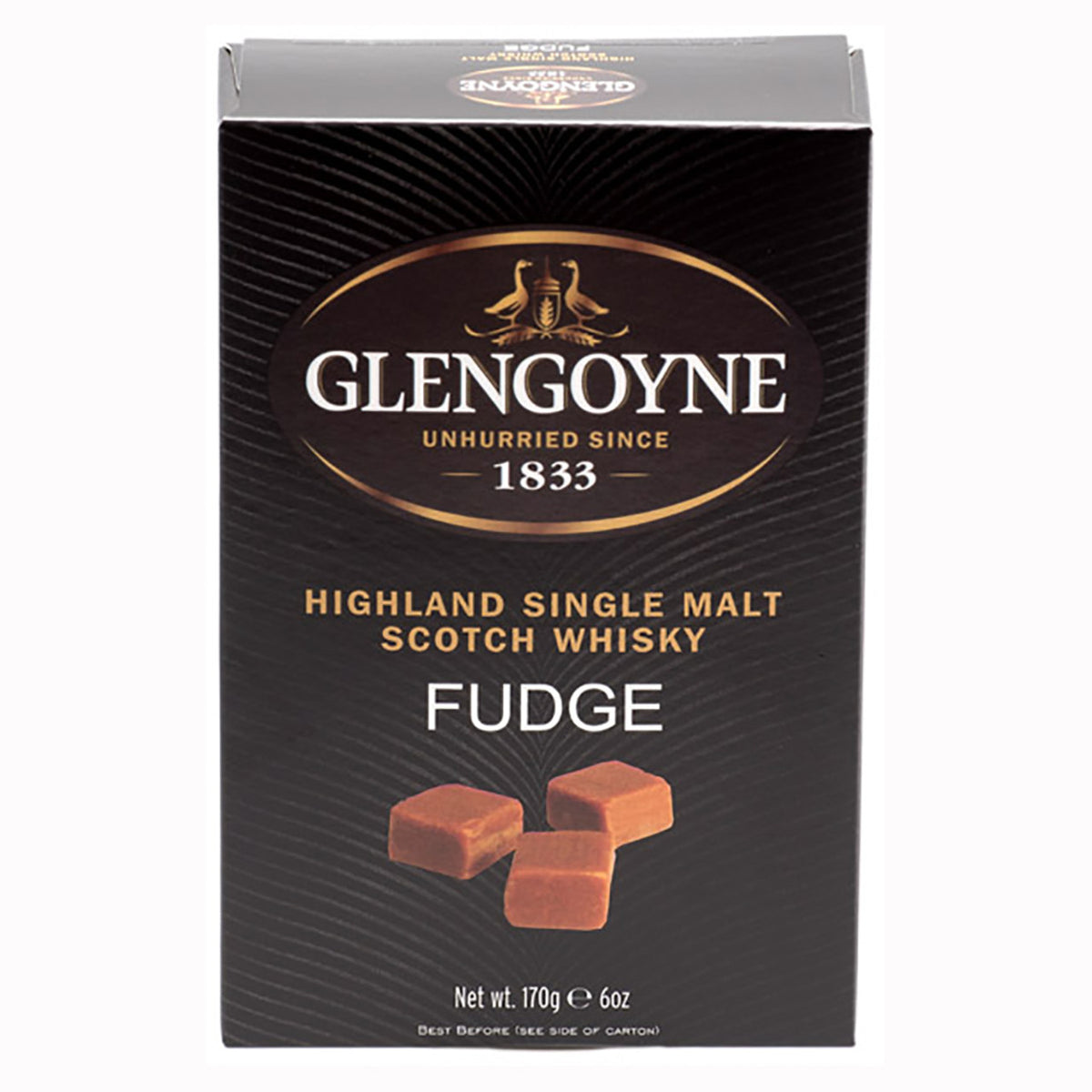 Box of Glengoyne Highland Single Malt Scotch Whisky Fudge on a white background