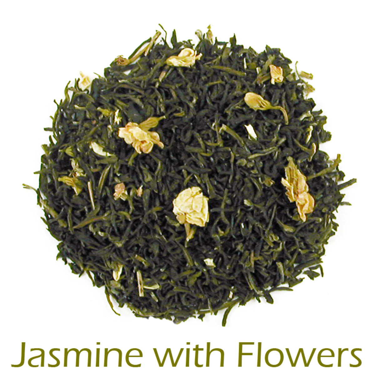 Jasmine with flowers loose-leaf tea in a circular pattern on a white background with product name callout at the bottom