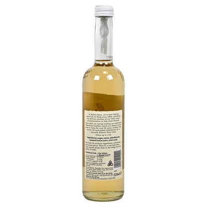 Back Side of a bottle of Belvoir Elderflower Cordial with a label on a white background