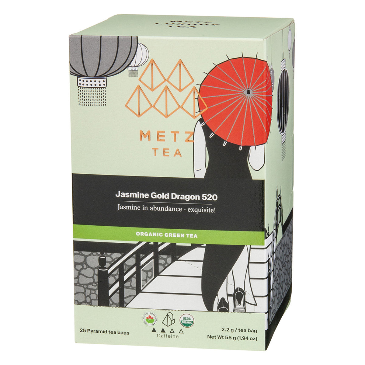 A box of Meta Jasmine Gold Dragon Green Tea with branding illustrations.