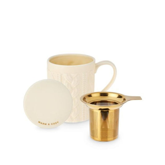 Cream-colored mug with lid and gold tea infuser on a white background.
