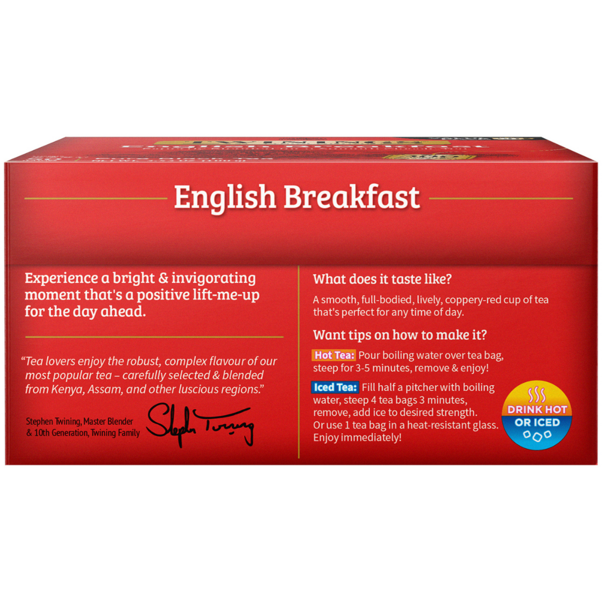 Red box packaging for Twinings English Breakfast tea with text and branding.