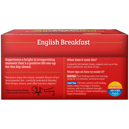 Red box packaging for Twinings English Breakfast tea with text and branding.
