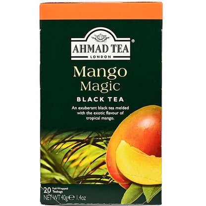 Ahmad Tea Mango Magic Black Tea packaging with mango illustration on a white background