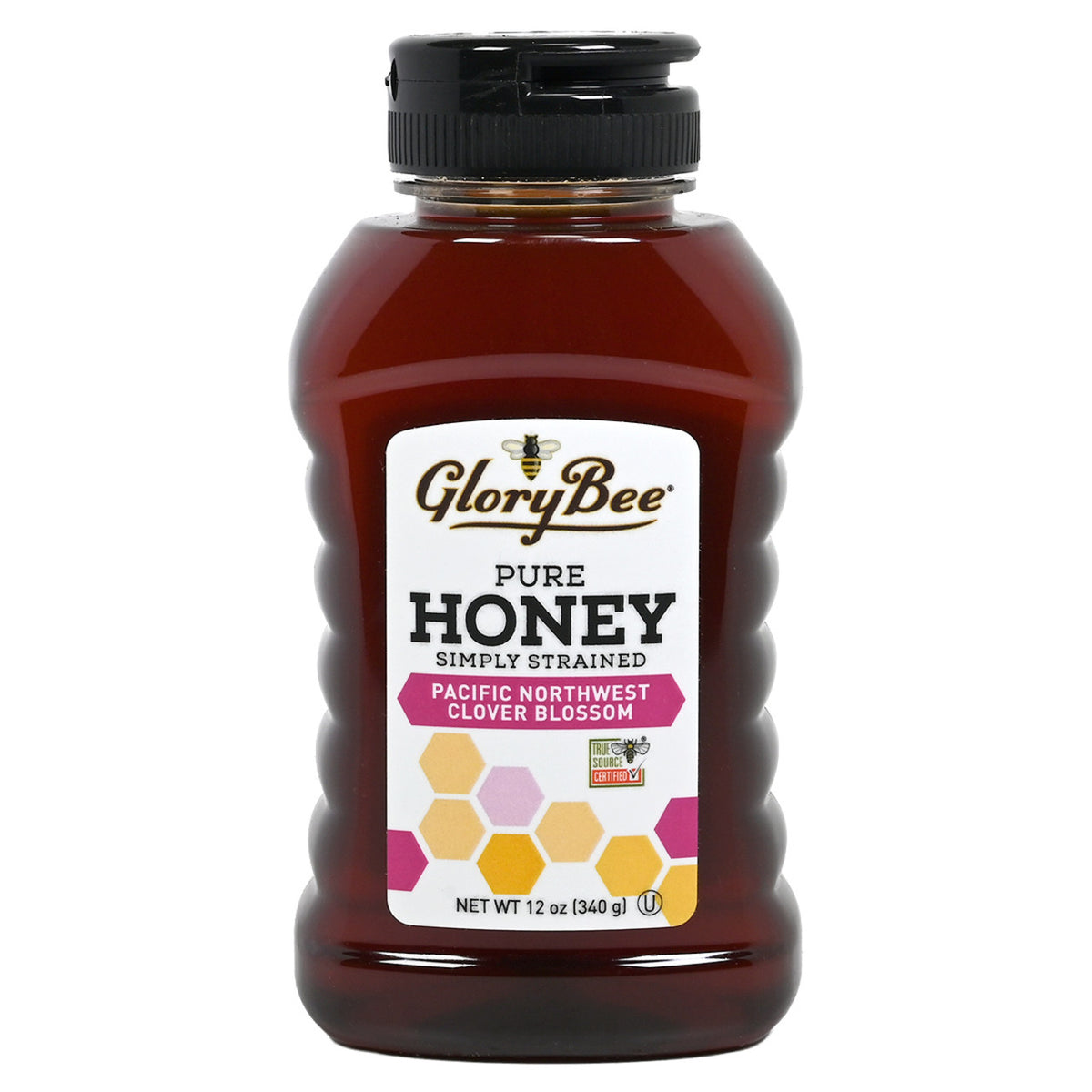 Bottle of GloryBee pure honey on a white background