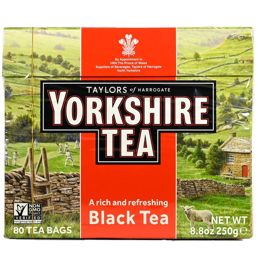 Box of Taylors of Harrogate Yorkshire Tea with a scenic design on the packaging.