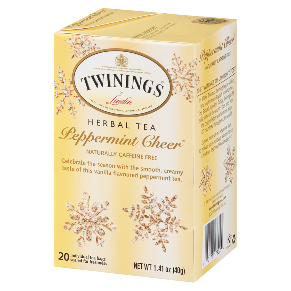 Twinings Peppermint Cheer herbal tea box on a white background