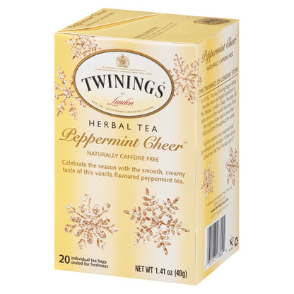 Twinings Peppermint Cheer herbal tea box on a white background