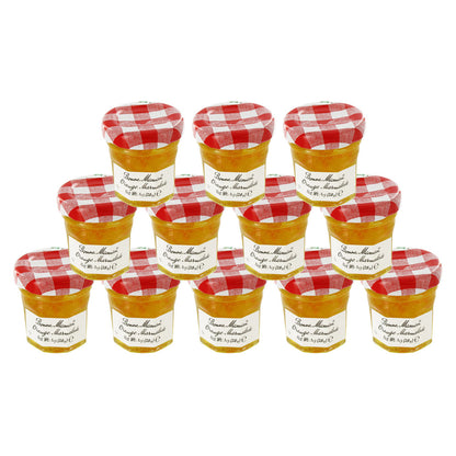 12 1 oz jars of Bonne Maman Orange Marmalade with a red and white checkered lid on a white background