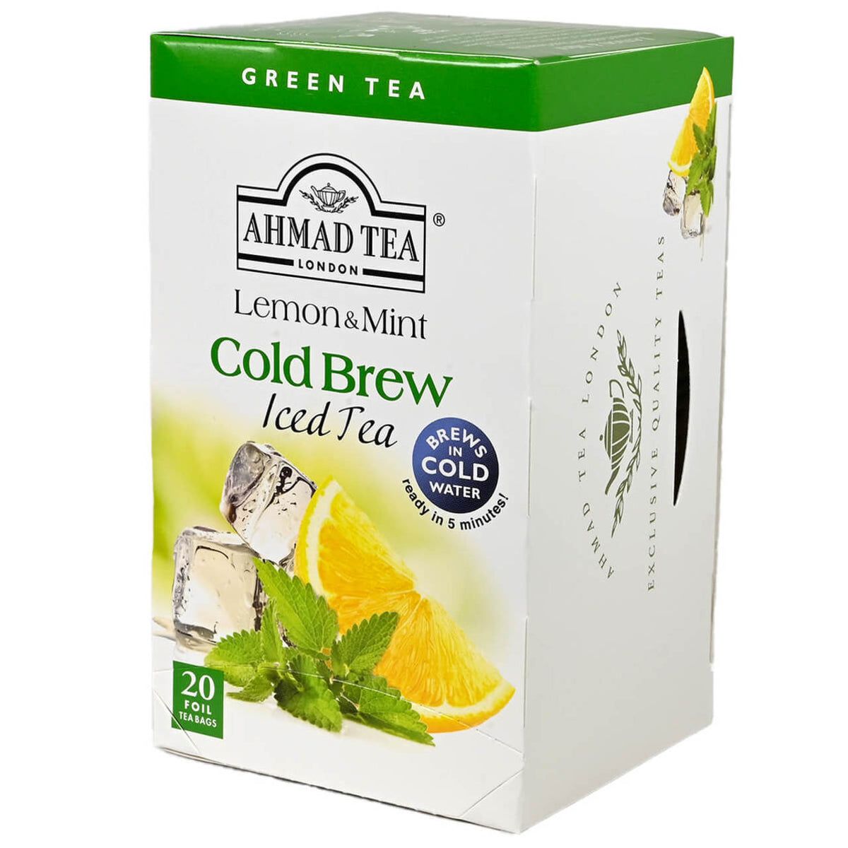 Ahmad Tea Lemon & Mint Cold Brew Iced Tea packaging on a white background