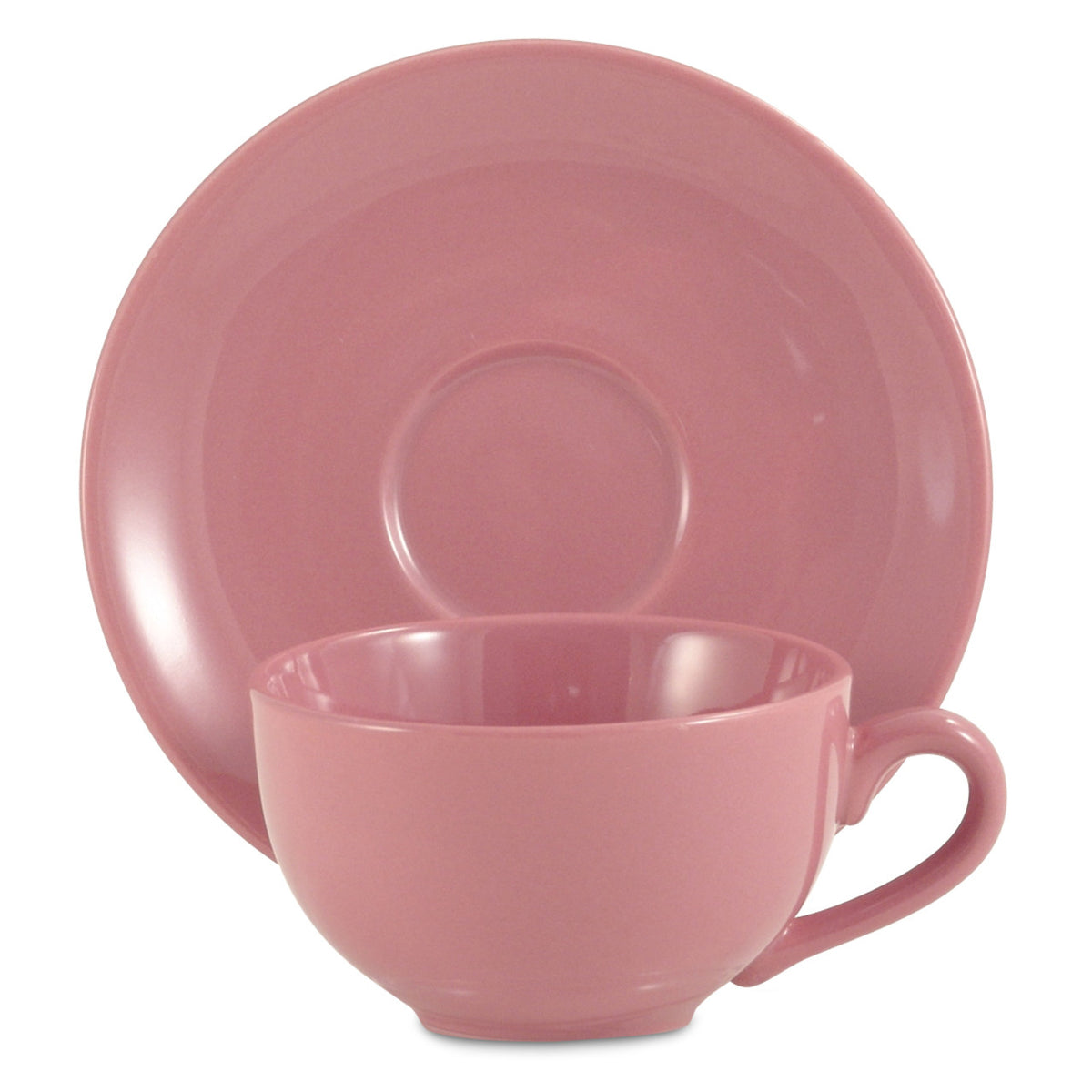 Pink ceramic teacup and saucer set on a white background