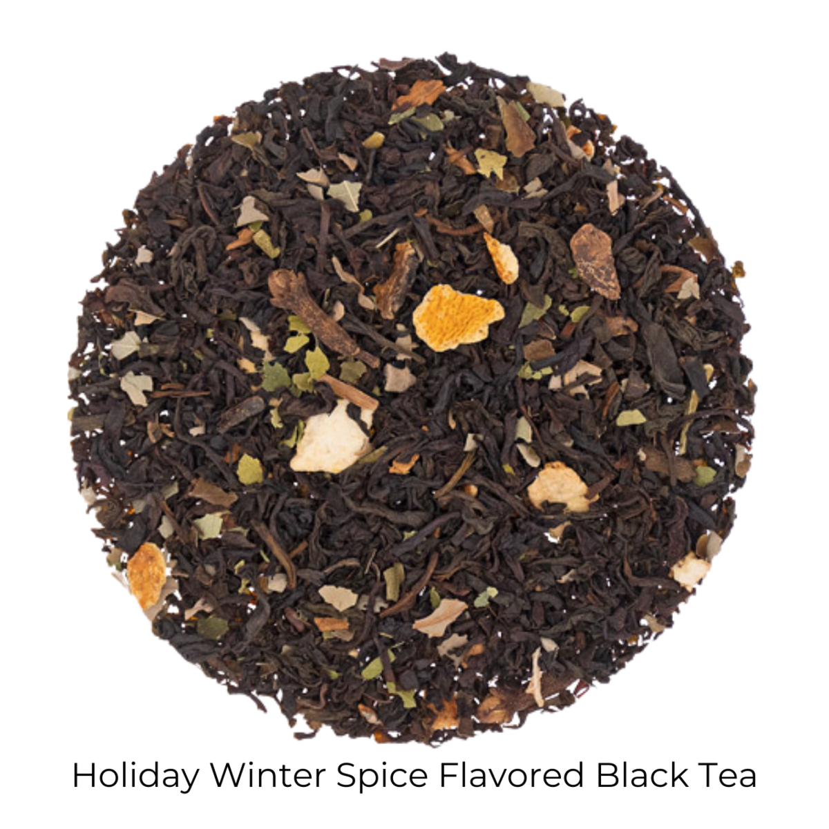 Holiday Winter Spice Flavored Black loose-leaf tea on a white background with product name caption