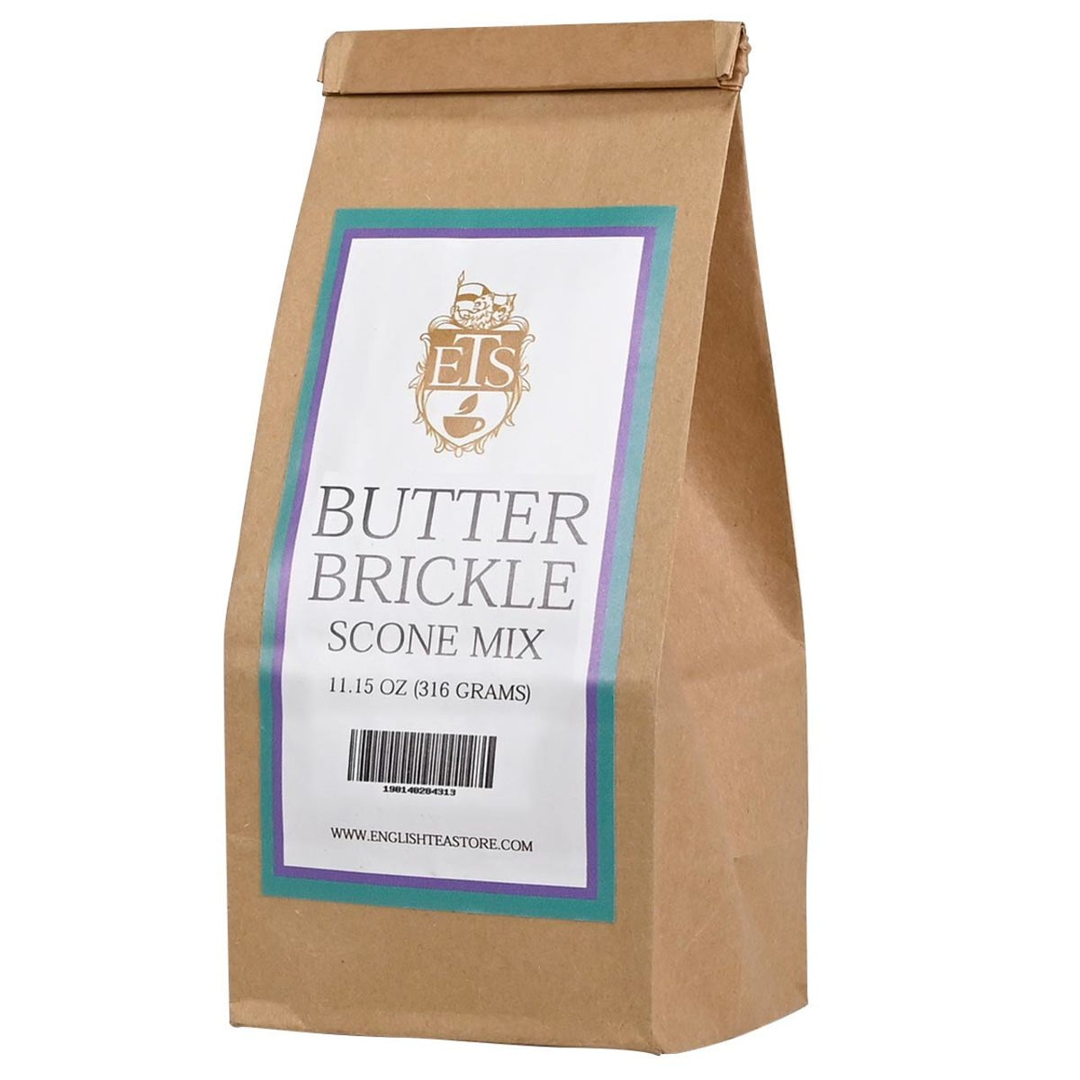Brown paper bag with a label for Butter Brickle Scone Mix on a white background