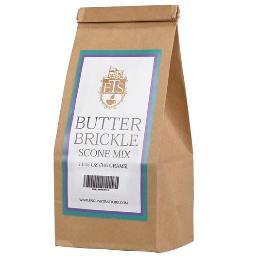 Brown paper bag with a label for Butter Brickle Scone Mix on a white background