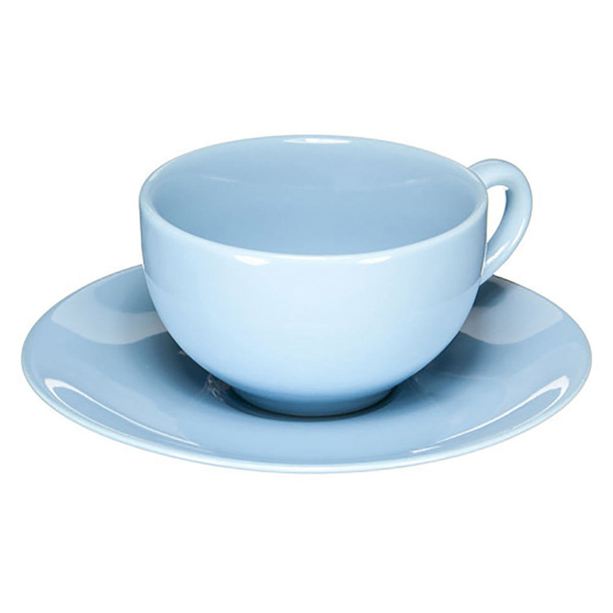 Light blue ceramic cup and saucer set on a white background