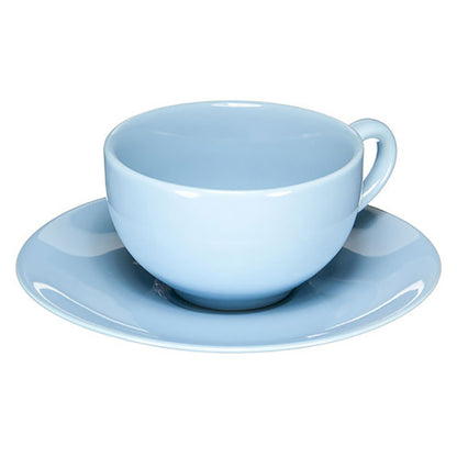 Light blue ceramic cup and saucer set on a white background