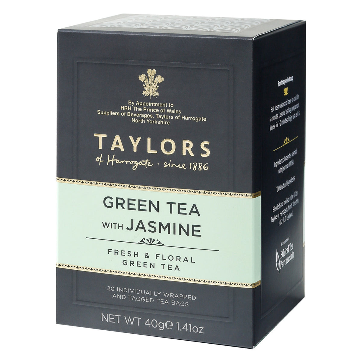 Box of Taylors of Harrogate green tea with jasmine on a white background