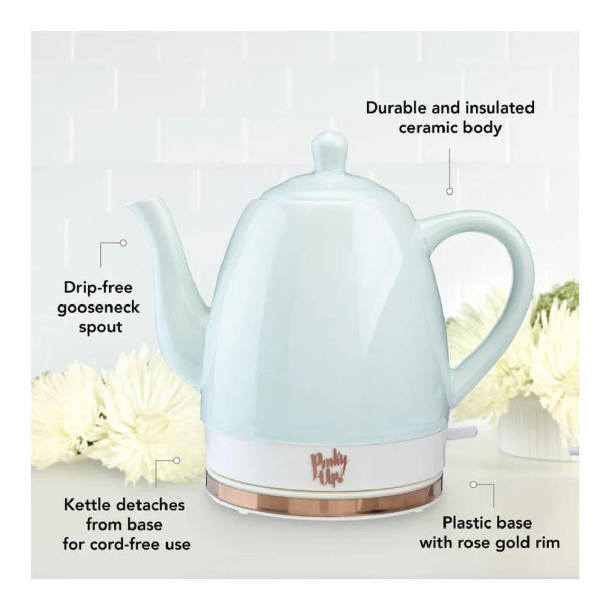 Light blue electric kettle with text highlighting features on a white background