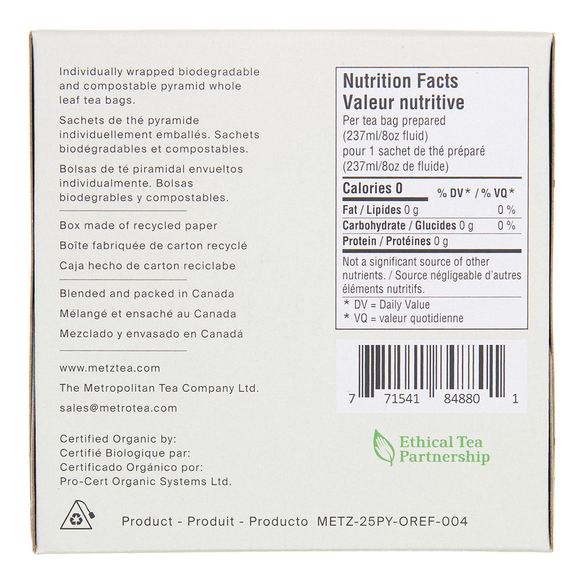 Back of a tea box with nutritional facts and ethical tea partnership certification.