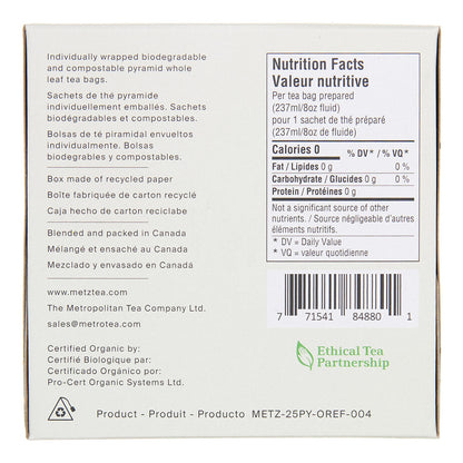 Back of a tea box with nutritional facts and ethical tea partnership certification.