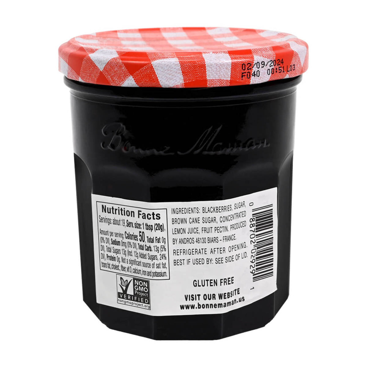 Black jar with red and white checkered lid, featuring nutrition facts label and Bonne Maman branding.