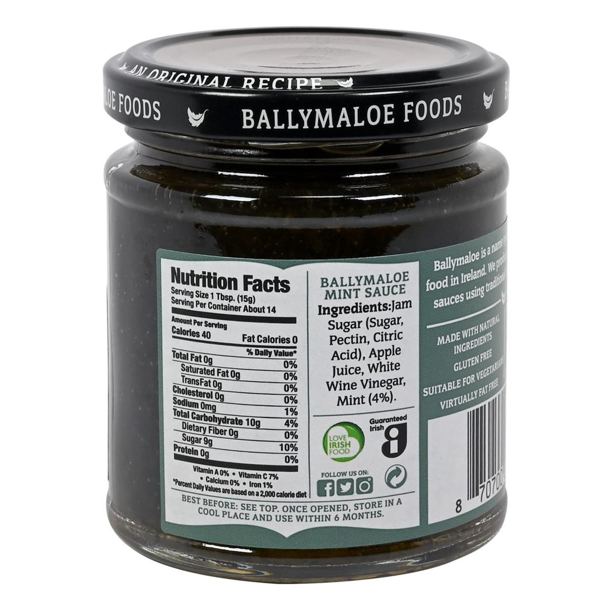 Ballymaloe Foods mint sauce jar with label showing nutrition facts and ingredients.