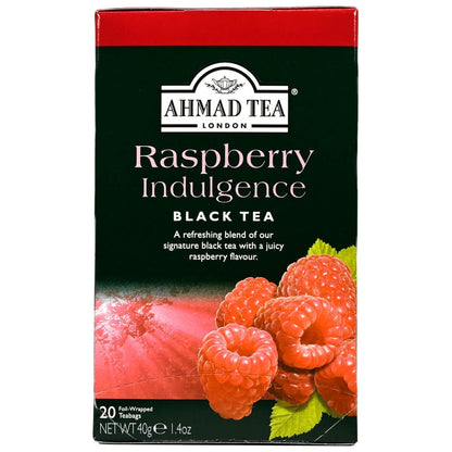 Ahmad Tea Raspberry Indulgence black tea packaging with raspberries on a white background